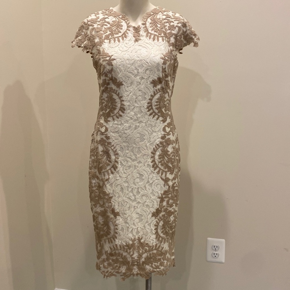 Tadashi Shoji White and Beige Lace Sheath Dress